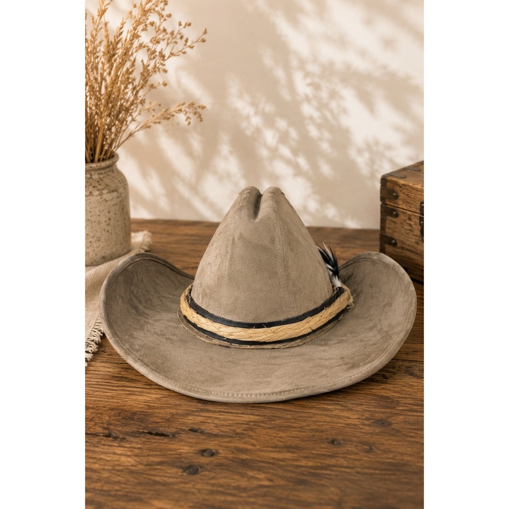 Vintage Suede Leather Cowboy Hat Western Ranch Rodeo Feather Band USA‎ Medium